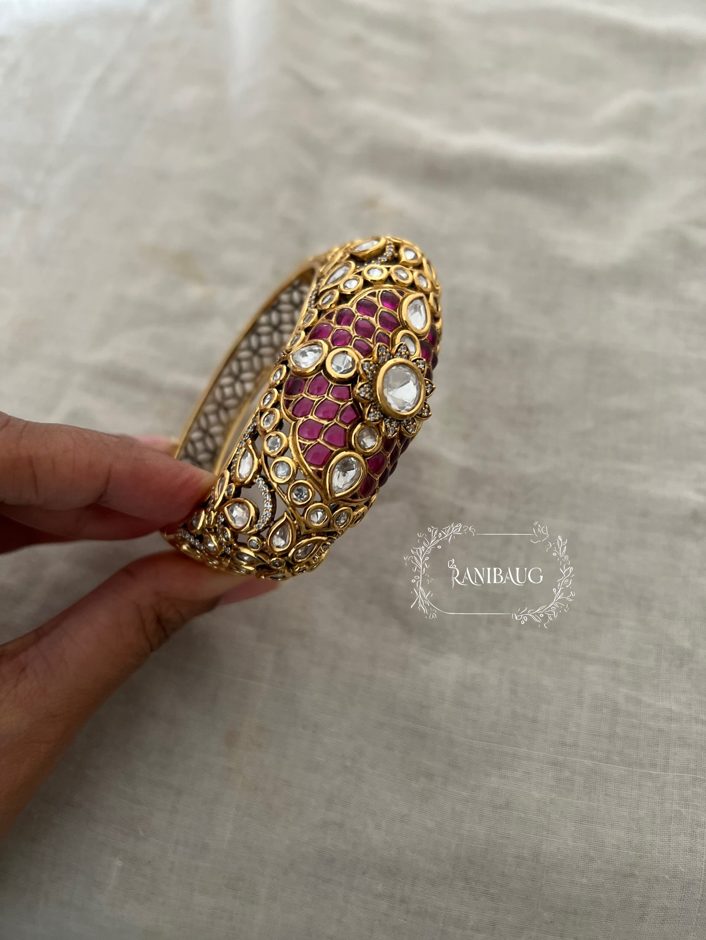 Rajrani Gold Finish Polki Studded Floral Designer Enamel Work Royal Bangle Jewelry By Ranibaug