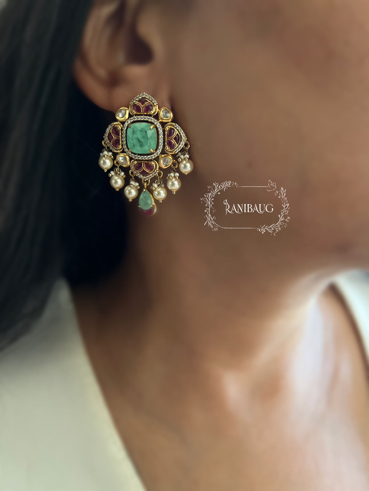 Rajshree Polki Pearl Mint Stud Earrings By Ranibaug