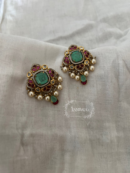Rajshree Polki Pearl Mint Stud Earrings By Ranibaug