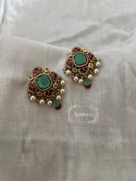 Rajshree Polki Pearl Mint Stud Earrings By Ranibaug