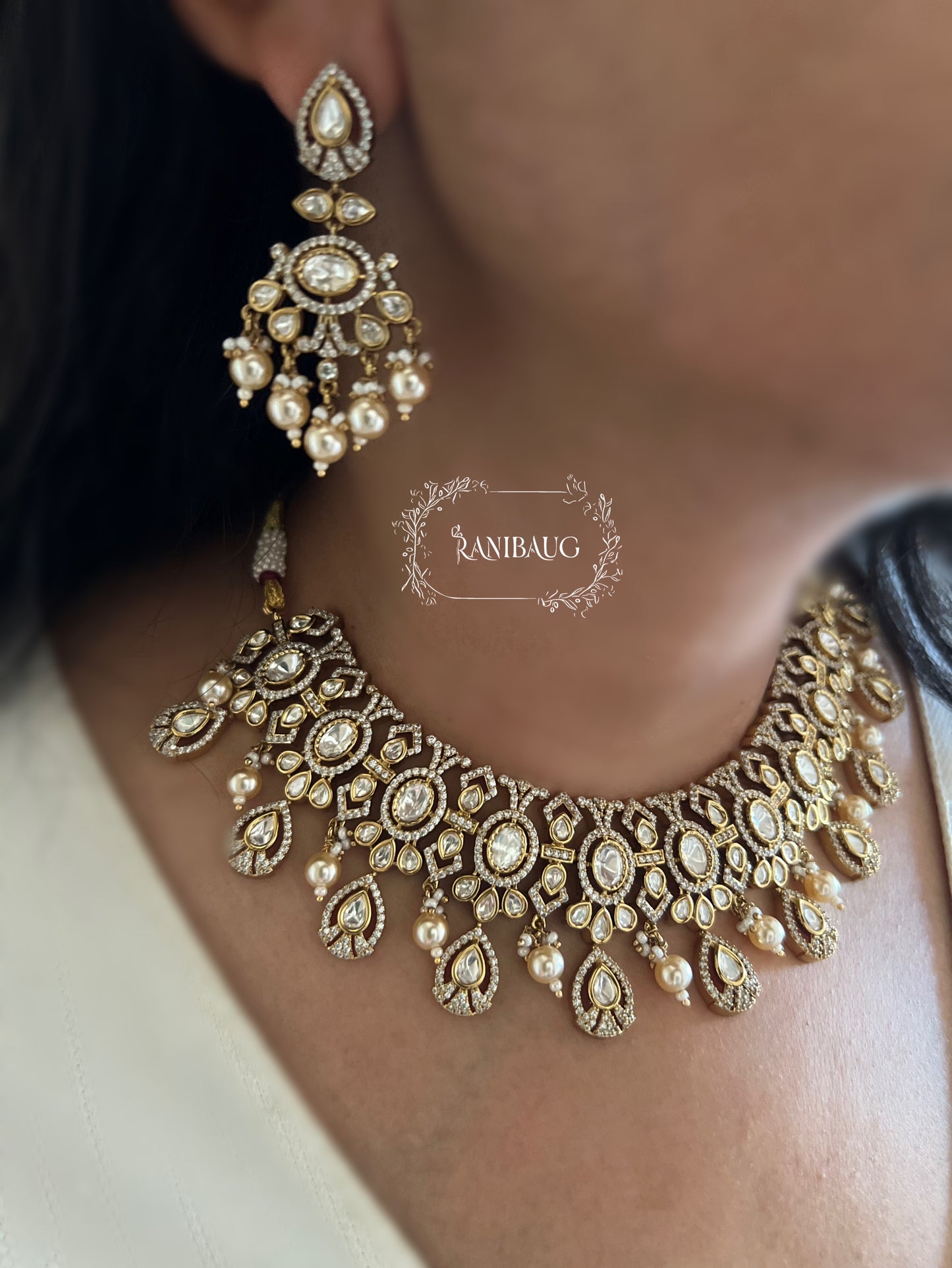 Rajshri Polki Kundan Studded Gold Finish Intricate Designer Necklace Jewellery Set By Ranibaug