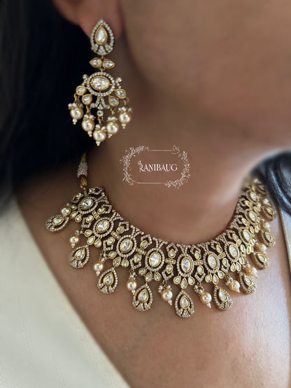 Rajshri Polki Kundan Studded Gold Finish Intricate Designer Necklace Jewellery Set By Ranibaug