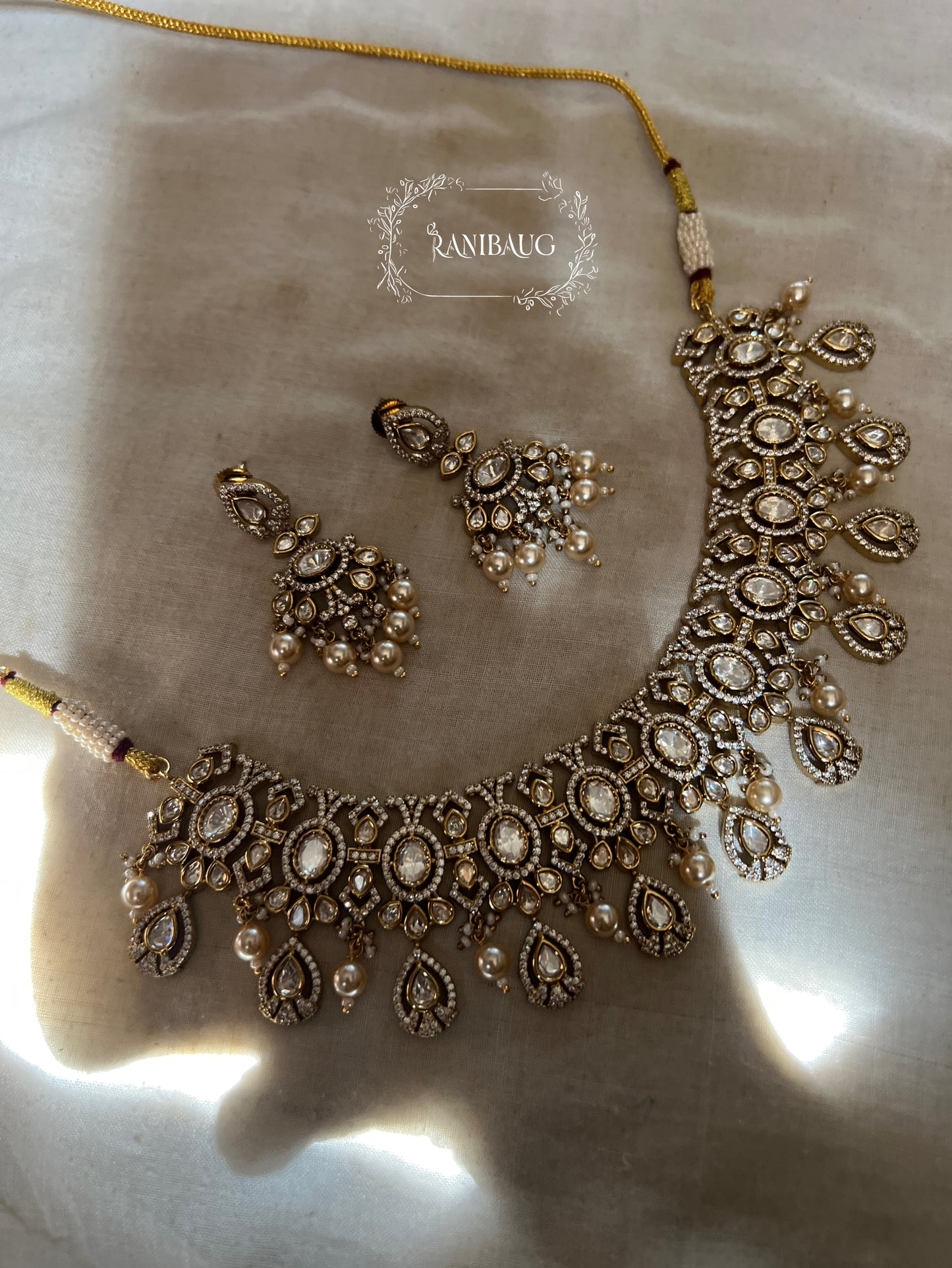 Rajshri Polki Kundan Studded Gold Finish Intricate Designer Necklace Jewellery Set By Ranibaug