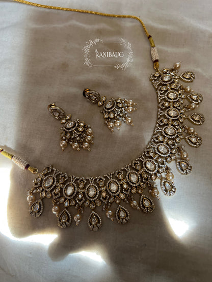 Rajshri Polki Kundan Studded Gold Finish Intricate Designer Necklace Jewellery Set By Ranibaug
