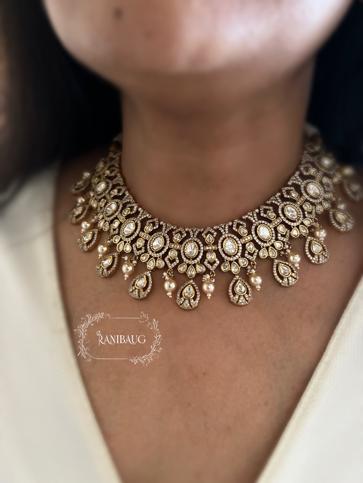 Rajshri Polki Kundan Studded Gold Finish Intricate Designer Necklace Jewellery Set By Ranibaug