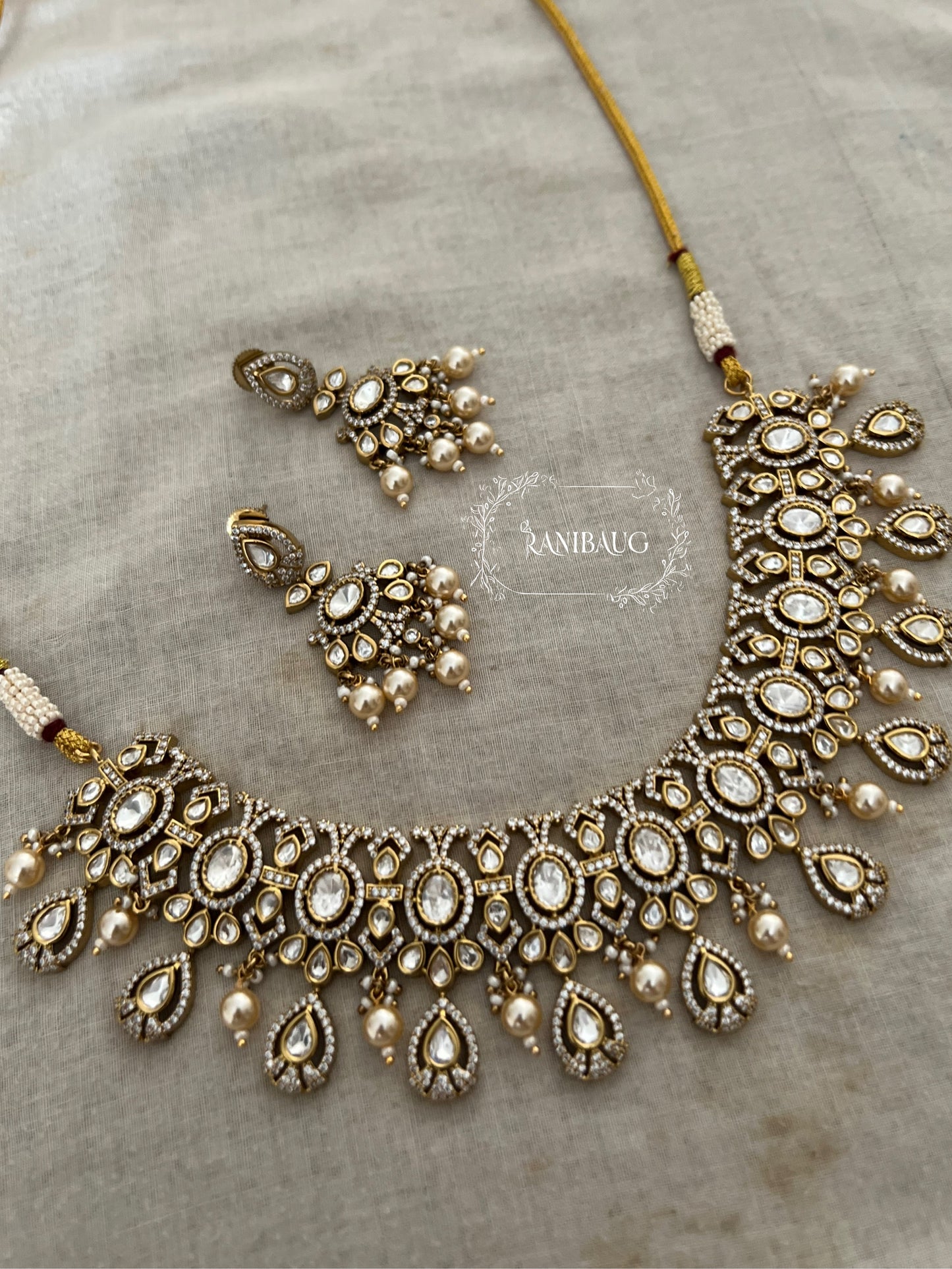 Rajshri Polki Kundan Studded Gold Finish Intricate Designer Necklace Jewellery Set By Ranibaug