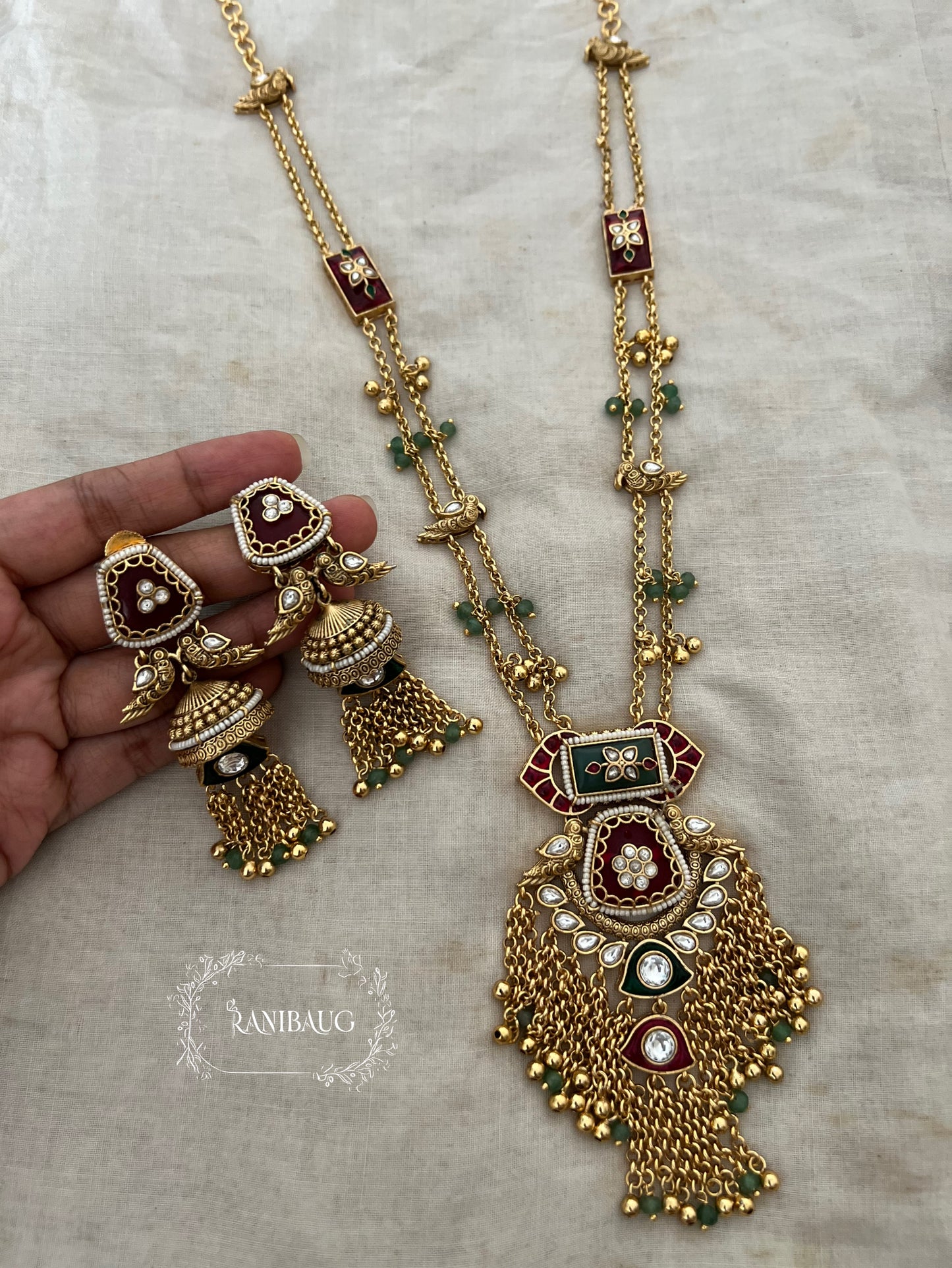 Rajveera Gold Finish Polki Studded Designer Bird Motif Heritage Jewellery Set By Ranibaug