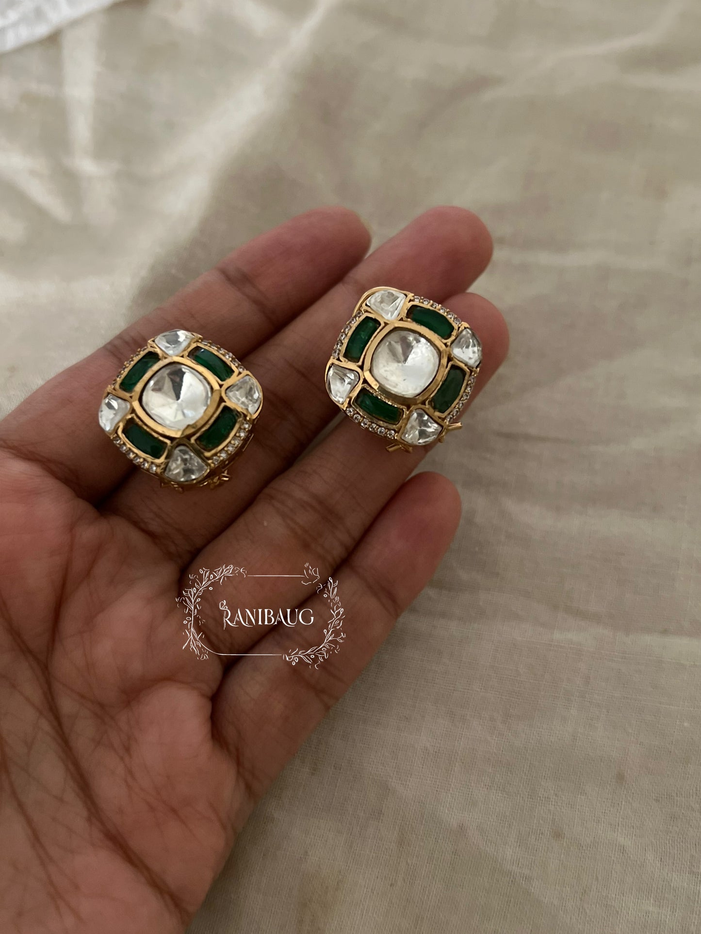 Rajvi Square Designer Polki Kundan Matt Gold Finish Ear Studs Jewelry By Ranibaug