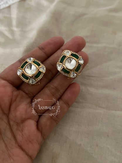 Rajvi Square Designer Polki Kundan Matt Gold Finish Ear Studs Jewelry By Ranibaug