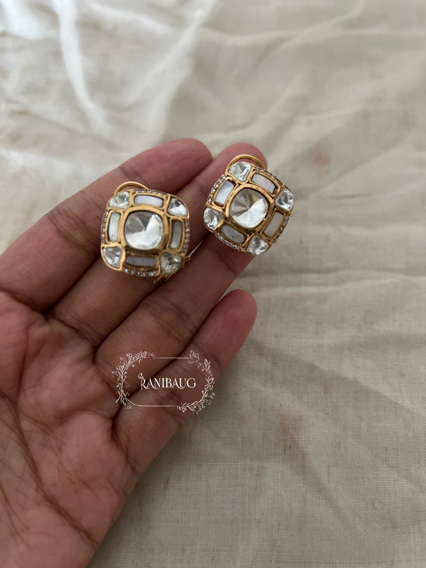 Rajvi Square Designer Polki Kundan Matt Gold Finish Ear Studs Jewelry By Ranibaug
