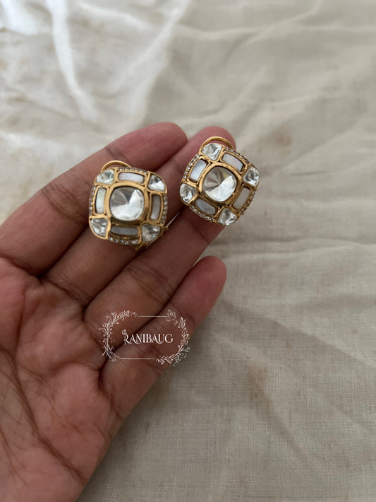 Rajvi Square Designer Polki Kundan Matt Gold Finish Ear Studs Jewelry By Ranibaug
