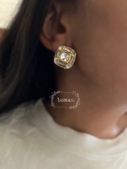 Rajvi Square Designer Polki Kundan Matt Gold Finish Ear Studs Jewelry By Ranibaug