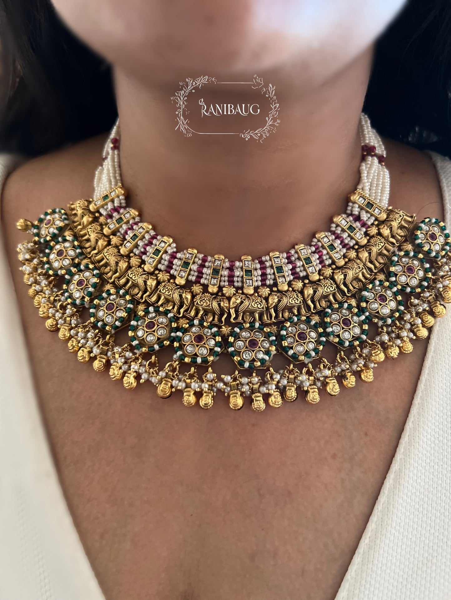 Rajwadi Heavy Designer Gold And Pearl Bead Fringe Studded Elephant Motif Statement Heritage Choker Necklace Set By Ranibaug