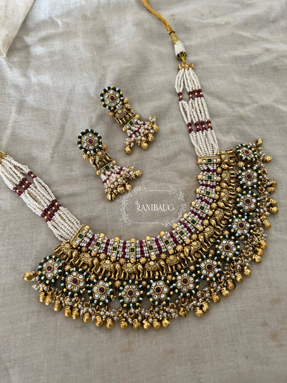 Rajwadi Heavy Designer Gold And Pearl Bead Fringe Studded Elephant Motif Statement Heritage Choker Necklace Set By Ranibaug