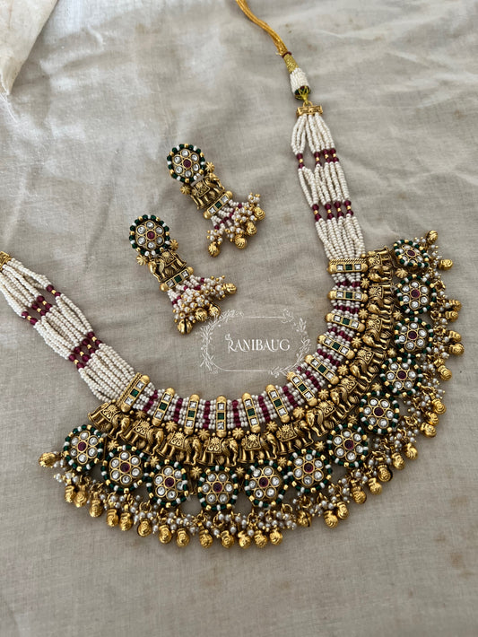 Rajwadi Heavy Designer Gold And Pearl Bead Fringe Studded Elephant Motif Statement Heritage Choker Necklace Set By Ranibaug