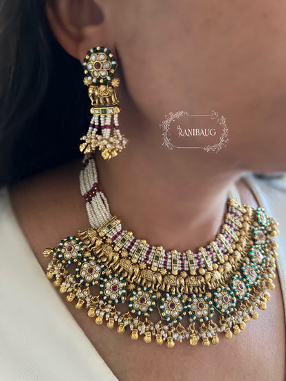 Rajwadi Heavy Designer Gold And Pearl Bead Fringe Studded Elephant Motif Statement Heritage Choker Necklace Set By Ranibaug