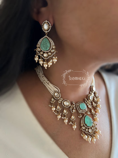 Ramika Polki And Pearl Antique Gold Necklace Featuring Peacock Motif And Mini Pearl Fringes | Wedding Jewellery Set By Ranibaug