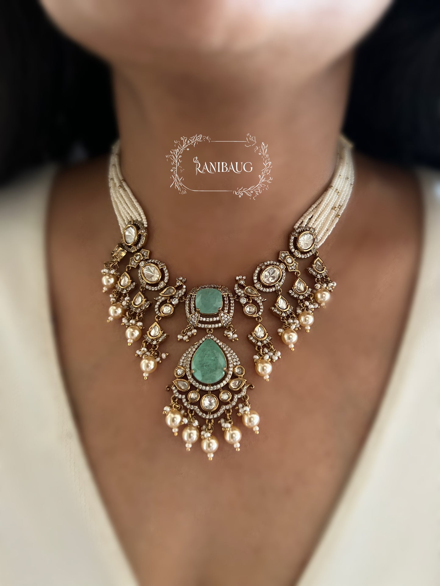 Ramika Polki And Pearl Antique Gold Necklace Featuring Peacock Motif And Mini Pearl Fringes | Wedding Jewellery Set By Ranibaug