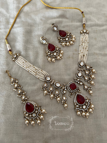 Ramika Polki And Pearl Antique Gold Necklace Featuring Peacock Motif And Mini Pearl Fringes | Wedding Jewellery Set By Ranibaug