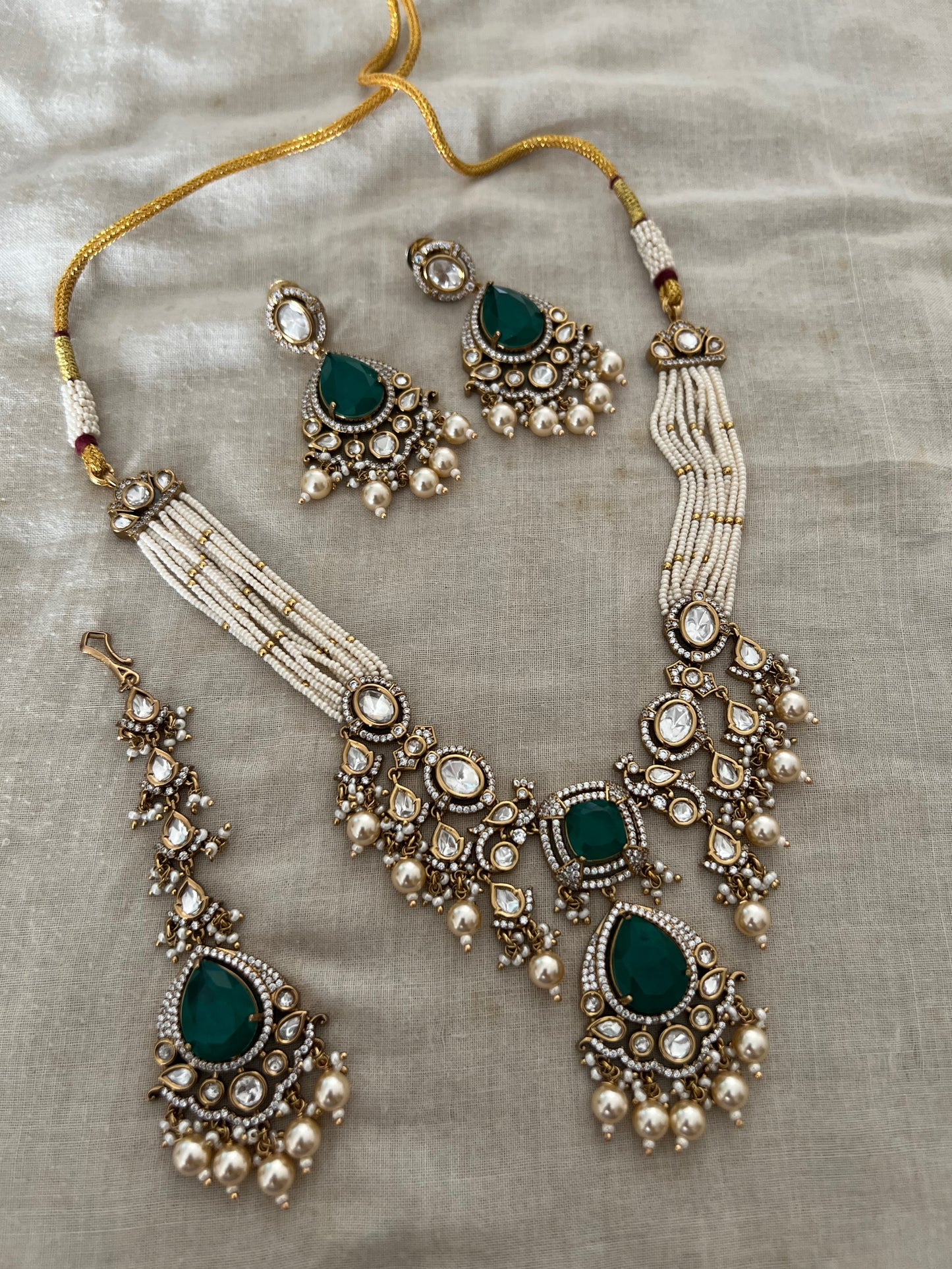 Ramika Polki And Pearl Antique Gold Necklace Featuring Peacock Motif And Mini Pearl Fringes | Wedding Jewellery Set By Ranibaug