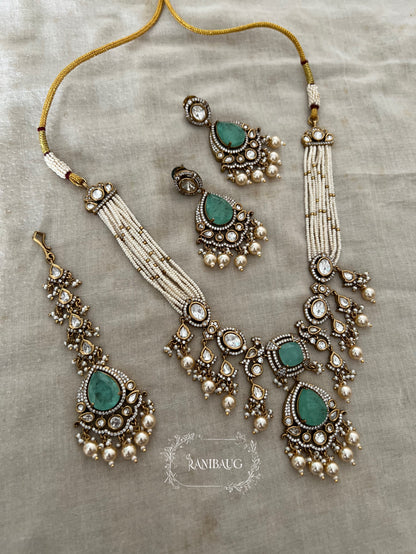 Ramika Polki And Pearl Antique Gold Necklace Featuring Peacock Motif And Mini Pearl Fringes | Wedding Jewellery Set By Ranibaug