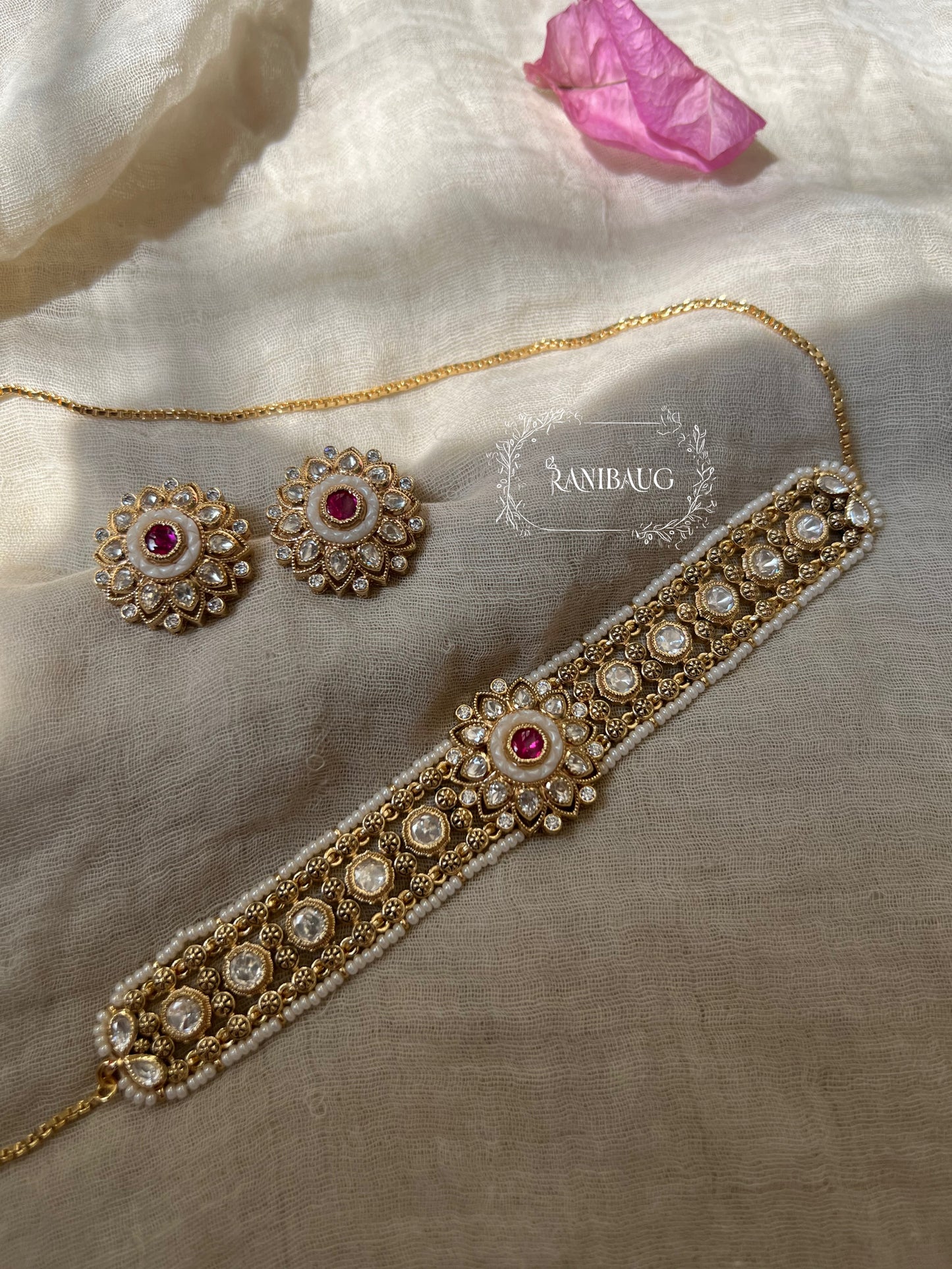 Ramya Kundan Meenakari Floral Motif Gold Plated Choker Set By Ranibaug