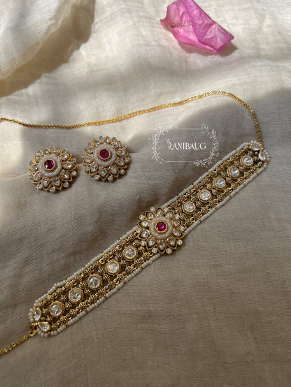 Ramya Kundan Meenakari Floral Motif Gold Plated Choker Set By Ranibaug