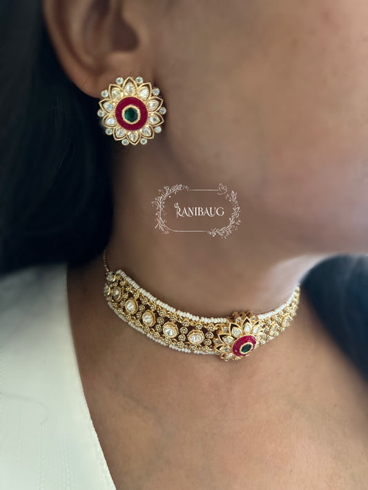 Ramya Kundan Meenakari Floral Motif Gold Plated Choker Set By Ranibaug