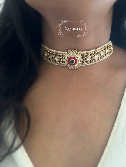 Ramya Kundan Meenakari Floral Motif Gold Plated Choker Set By Ranibaug