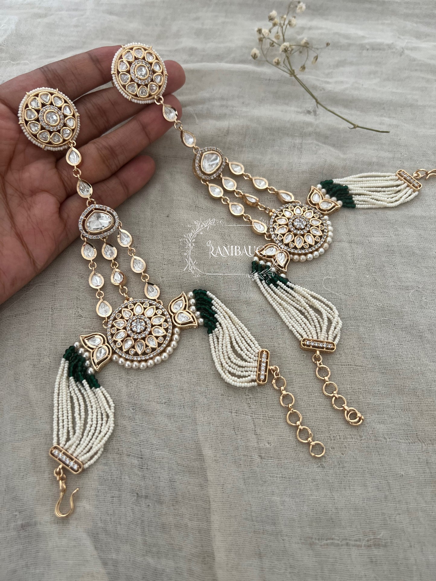 Ramya Polki Kundan Crystals Gold Plated Statement Hath Phool Hathpan | Ranibaug