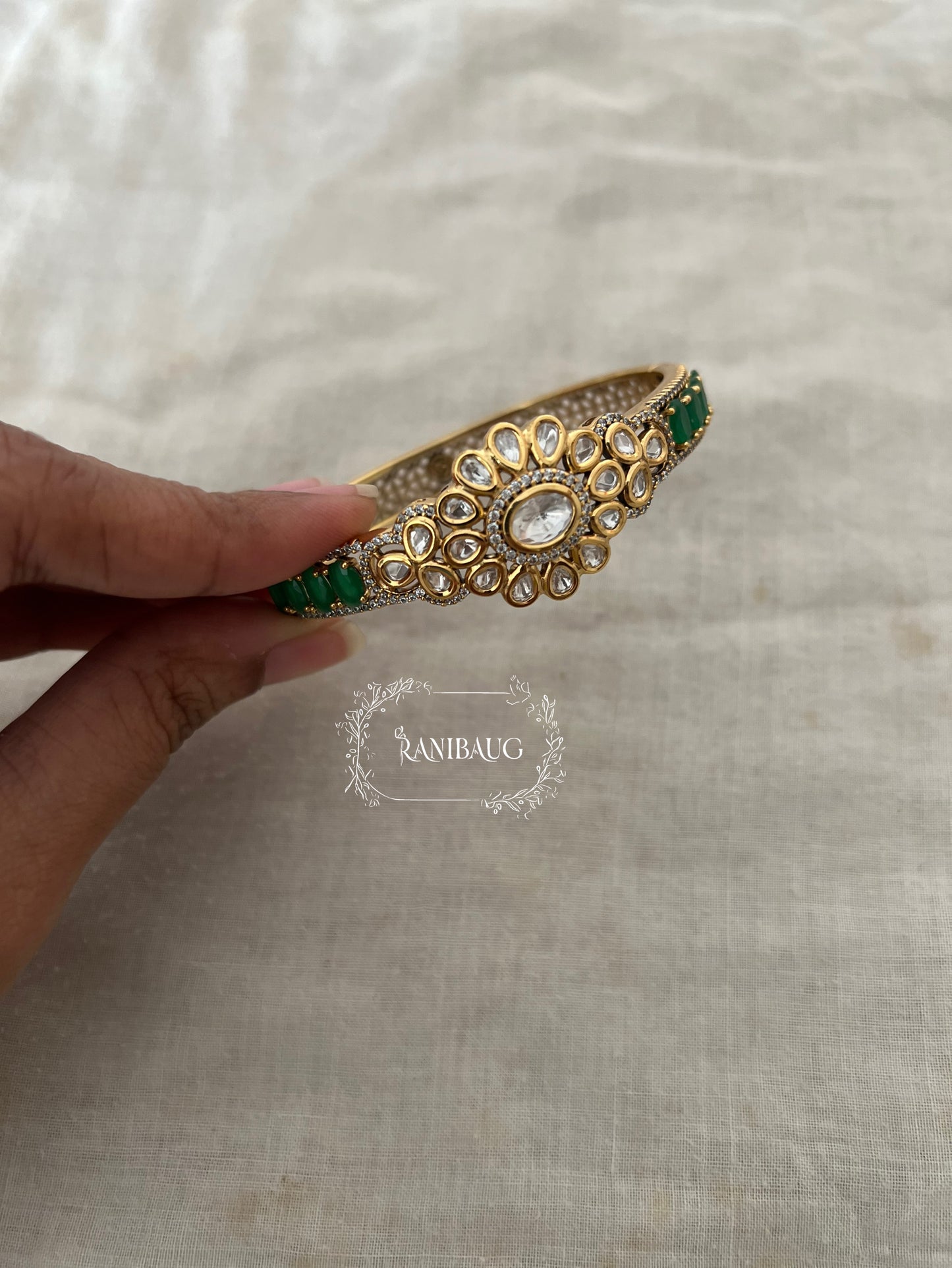 Rani Sati Pushp Kundan Gold Plated Bangle Bracelet For Women In India By Ranibaug | Polki Wedding Bracelets Green