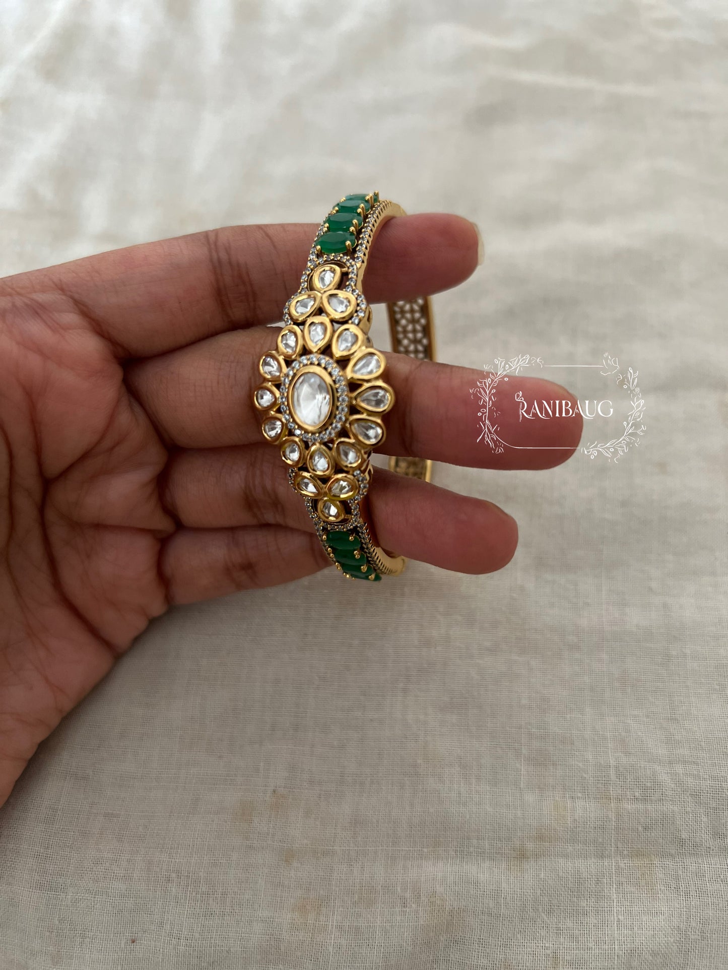 Rani Sati Pushp Kundan Gold Plated Bangle Bracelet For Women In India By Ranibaug | Polki Wedding Bracelets Green