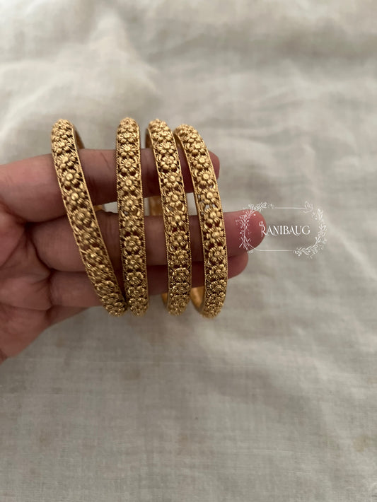 Ranibaug Heritage Floral Texture Gold Bangles (Set Of 4)