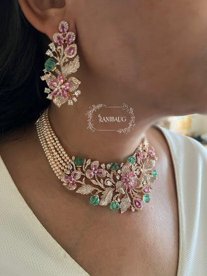 Ranibaug Queen's Garden Floral Royal Pearl Choker Necklace & Earrings Set