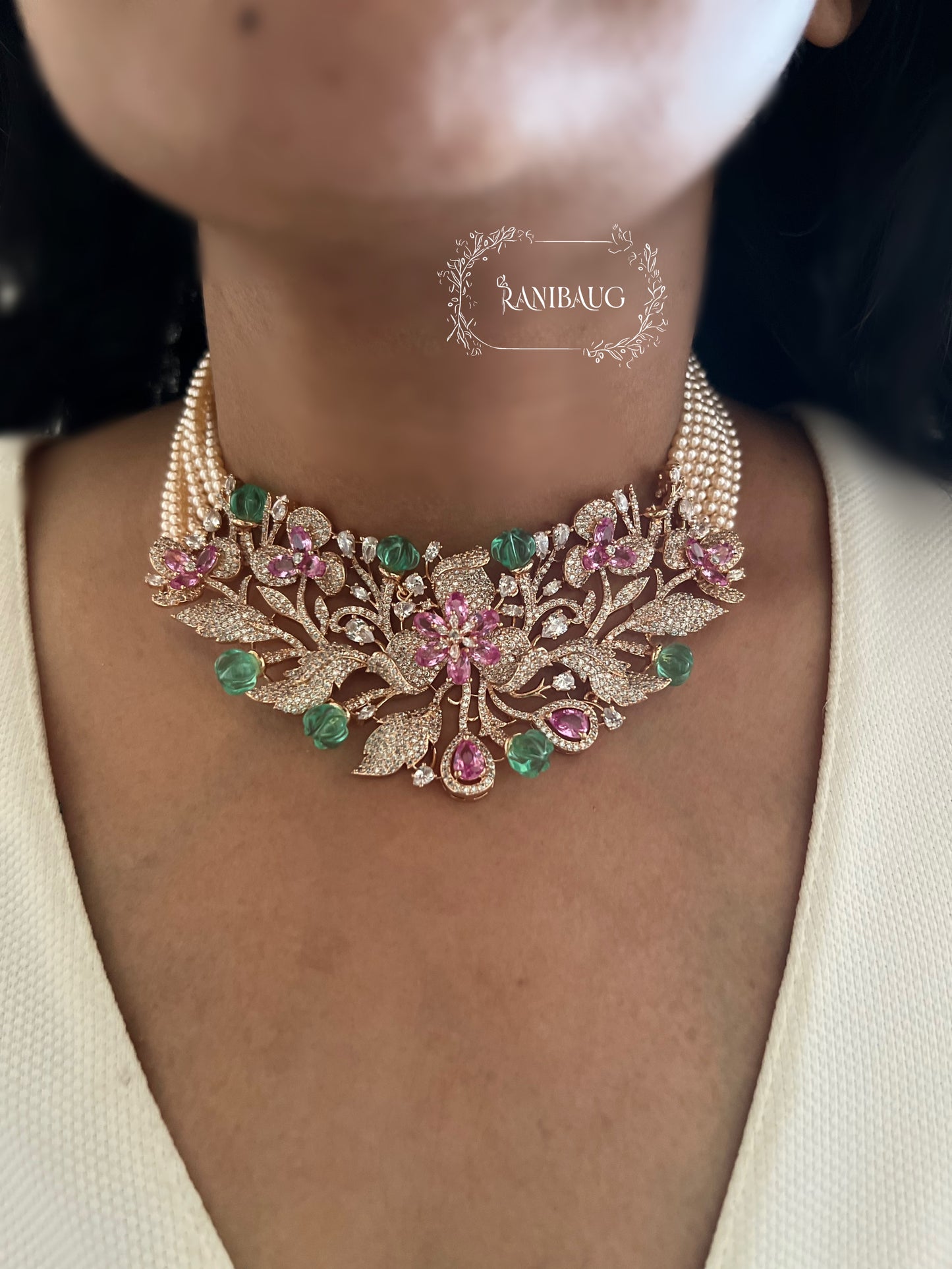 Ranibaug Queen's Garden Floral Royal Pearl Choker Necklace & Earrings Set