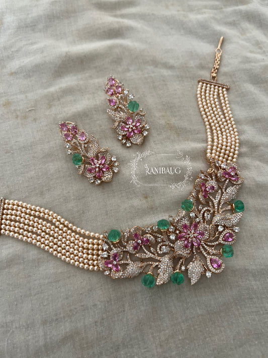 Ranibaug Queen's Garden Floral Royal Pearl Choker Necklace & Earrings Set