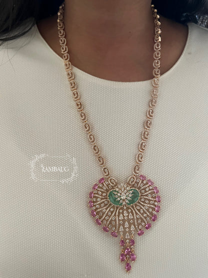 Ranibaug Radiant Pink Heartfall Diamond Necklace & Earrings Set