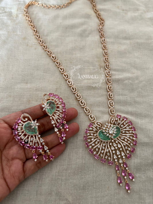 Ranibaug Radiant Pink Heartfall Diamond Necklace & Earrings Set