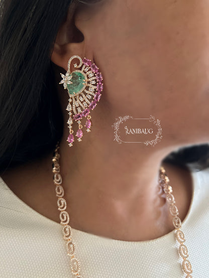 Ranibaug Radiant Pink Heartfall Diamond Necklace & Earrings Set