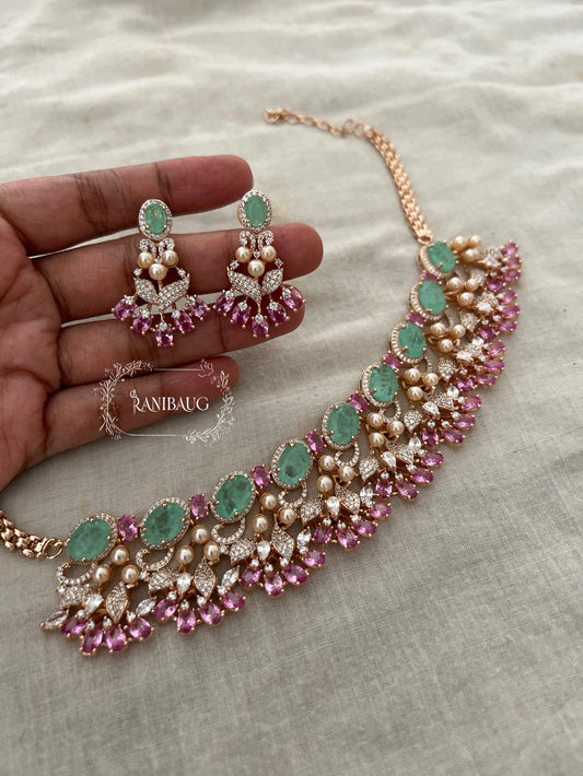 Ranibaug Royal Emerald Blush Pearl Diamond Necklace & Earrings Jewellery Set