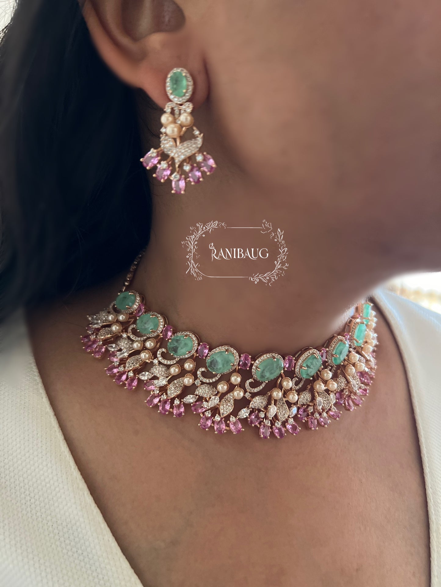 Ranibaug Royal Emerald Blush Pearl Diamond Necklace & Earrings Jewellery Set