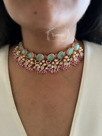 Ranibaug Royal Emerald Blush Pearl Diamond Necklace & Earrings Jewellery Set