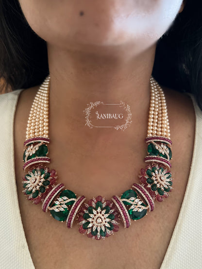 Ranibaug Royal Floral Pearl Necklace Studded With Diamonds Rubies And Emeralds