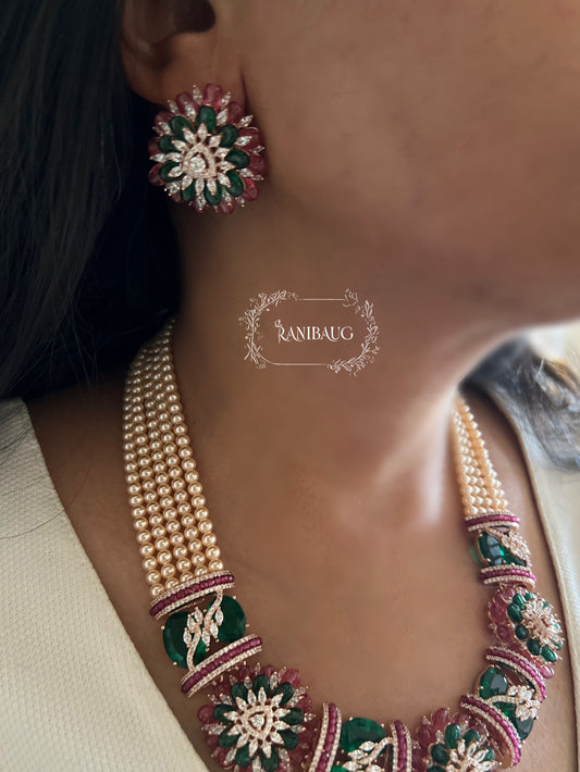 Ranibaug Royal Floral Pearl Necklace Studded With Diamonds Rubies And Emeralds