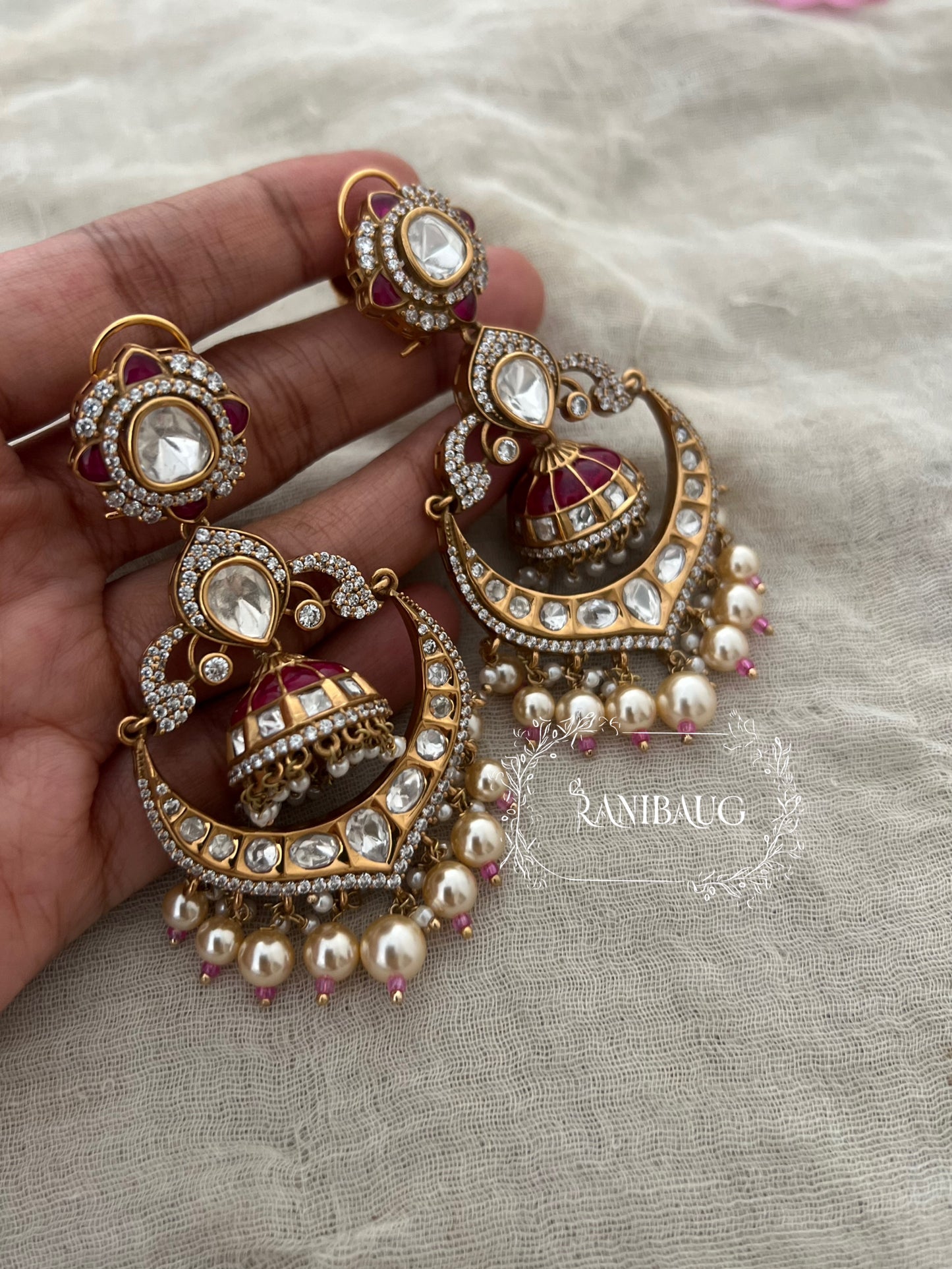 Ranibaug Rukmini Emerald Ruby Kundan Crescent Chandbali