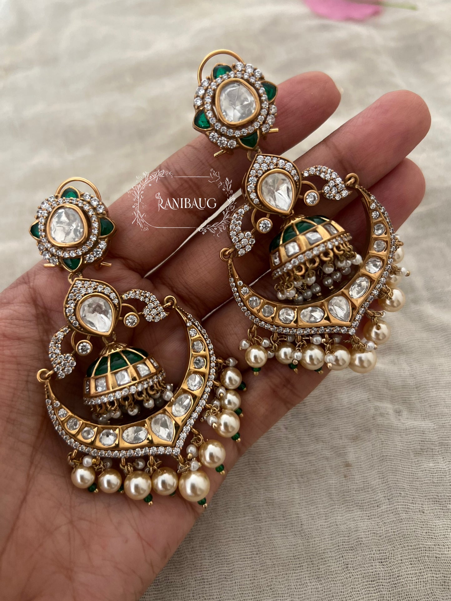 Ranibaug Rukmini Emerald Ruby Kundan Crescent Chandbali