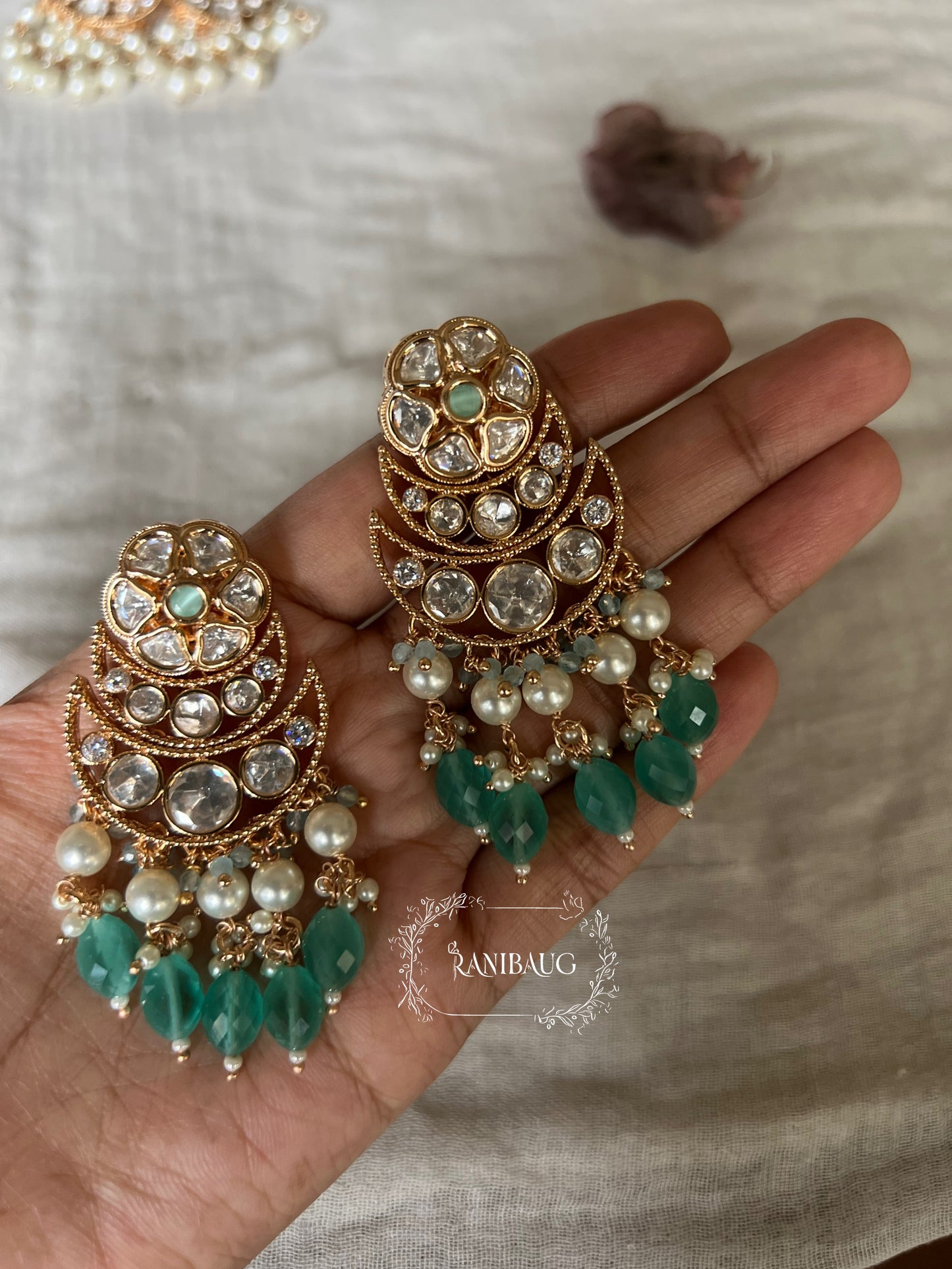 Ranibaug Sitara Multi Layered Crescent Pearl Drop Chandbali