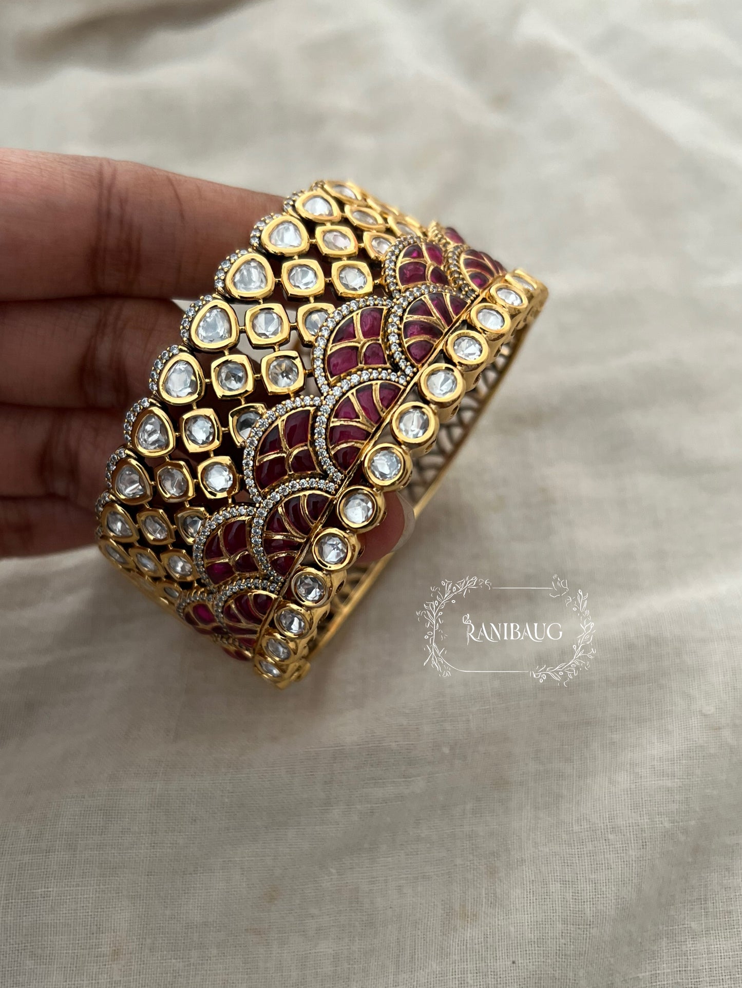 Ranisa Royal Mossainite Rich Enamel Designer Statement Cuff Bangle Kada For Wedding By Ranibaug