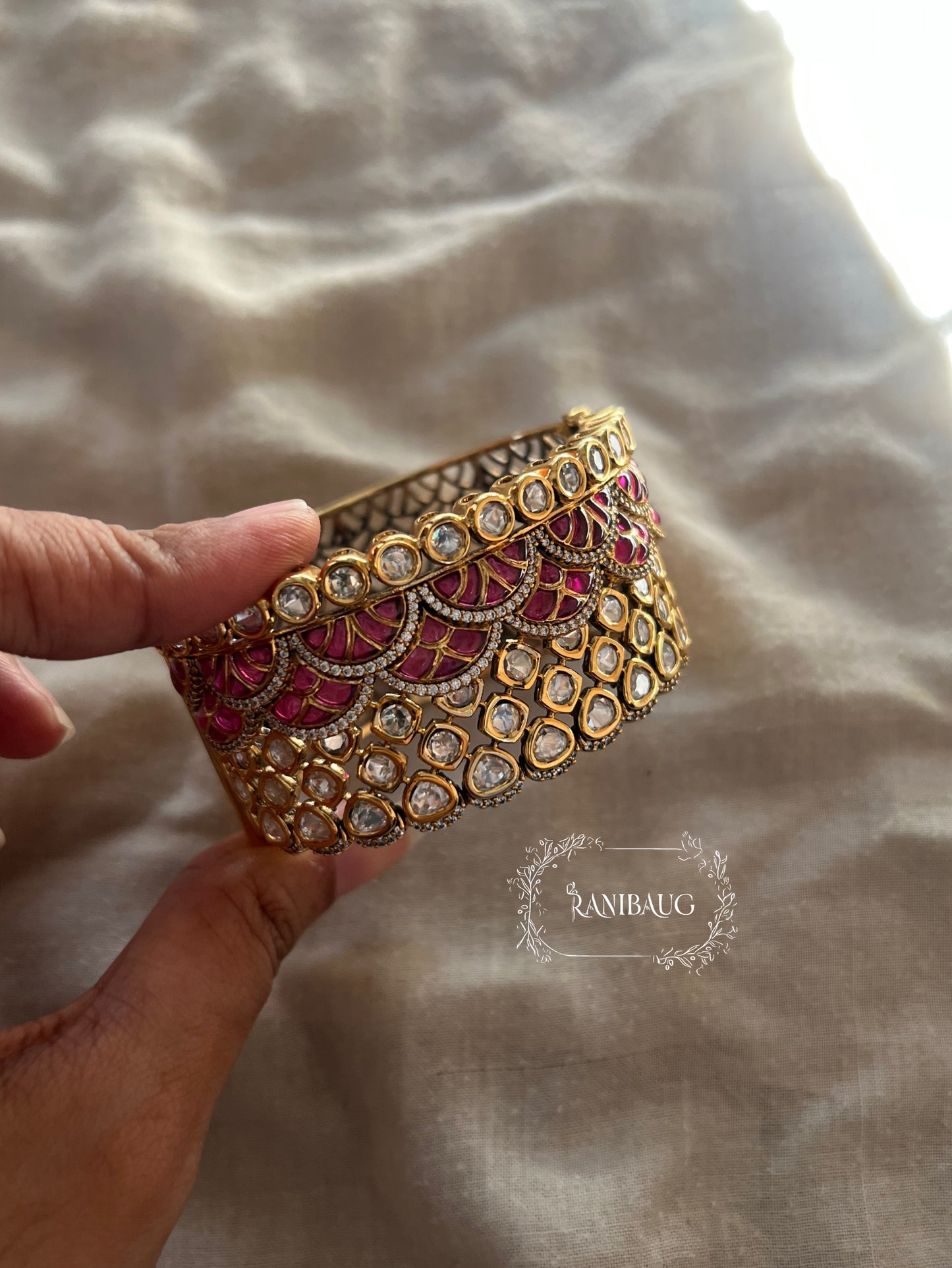 Ranisa Royal Mossainite Rich Enamel Designer Statement Cuff Bangle Kada For Wedding By Ranibaug