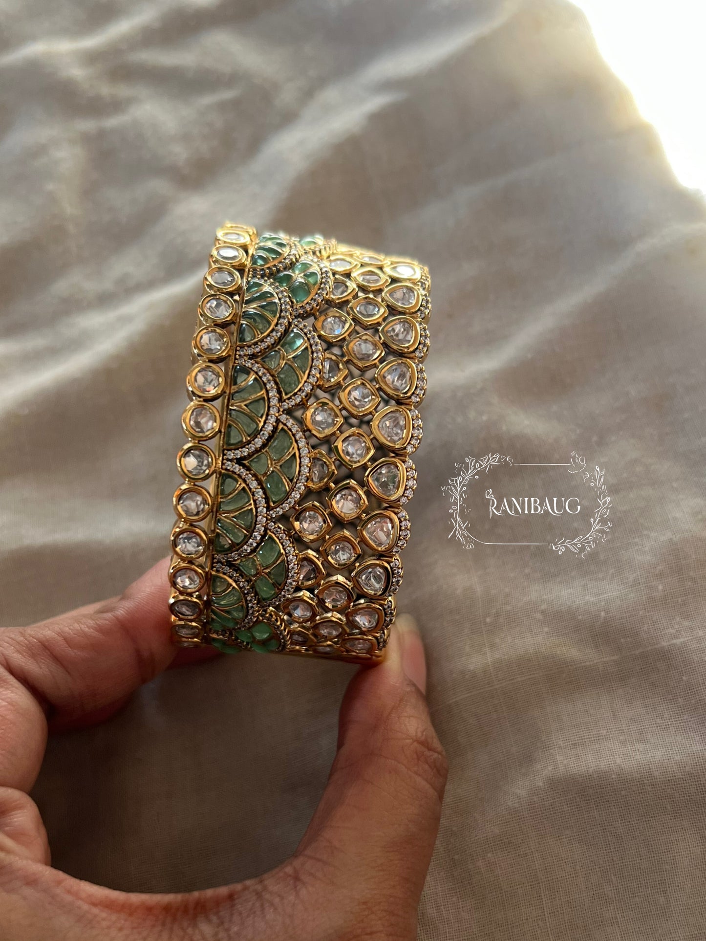 Ranisa Royal Mossainite Rich Enamel Designer Statement Cuff Bangle Kada For Wedding By Ranibaug